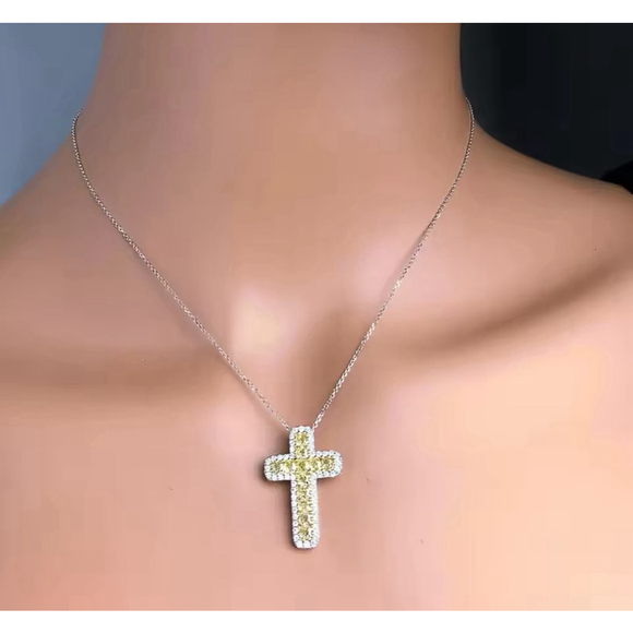 NEW White Gold‎ Filled Synthetic Diamond Citrine Cross Pendant Necklace, 16-18” - Picture 4 of 10
